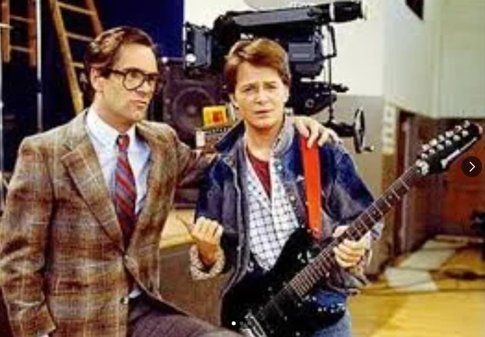 “Huey Lewis hanging out with Michael J. Fox, on the set of Back to the Future, mid 1980s.”